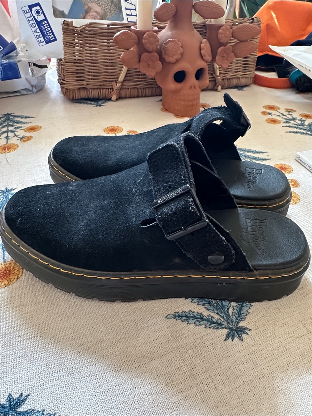 Dr. Martens Black Suede Slip-On Mule Clogs with Buckle